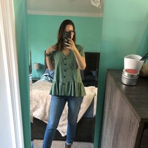 Sage Green Peplum Button Down V-Neck Short Sleeve Top Blouse Womens
